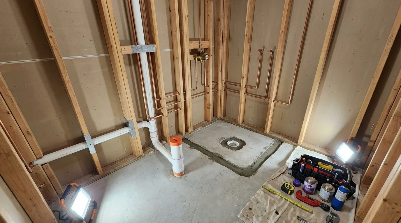 Bathroom rough-in plumbing during remodel by Johns Plumbing LLC in Gastonia