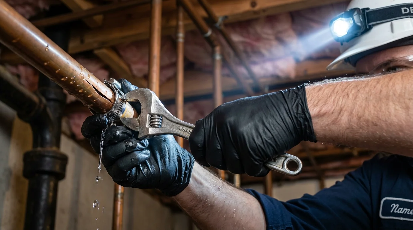 Emergency pipe clamp repair being performed by a Johns Plumbing LLC plumber in Gastonia