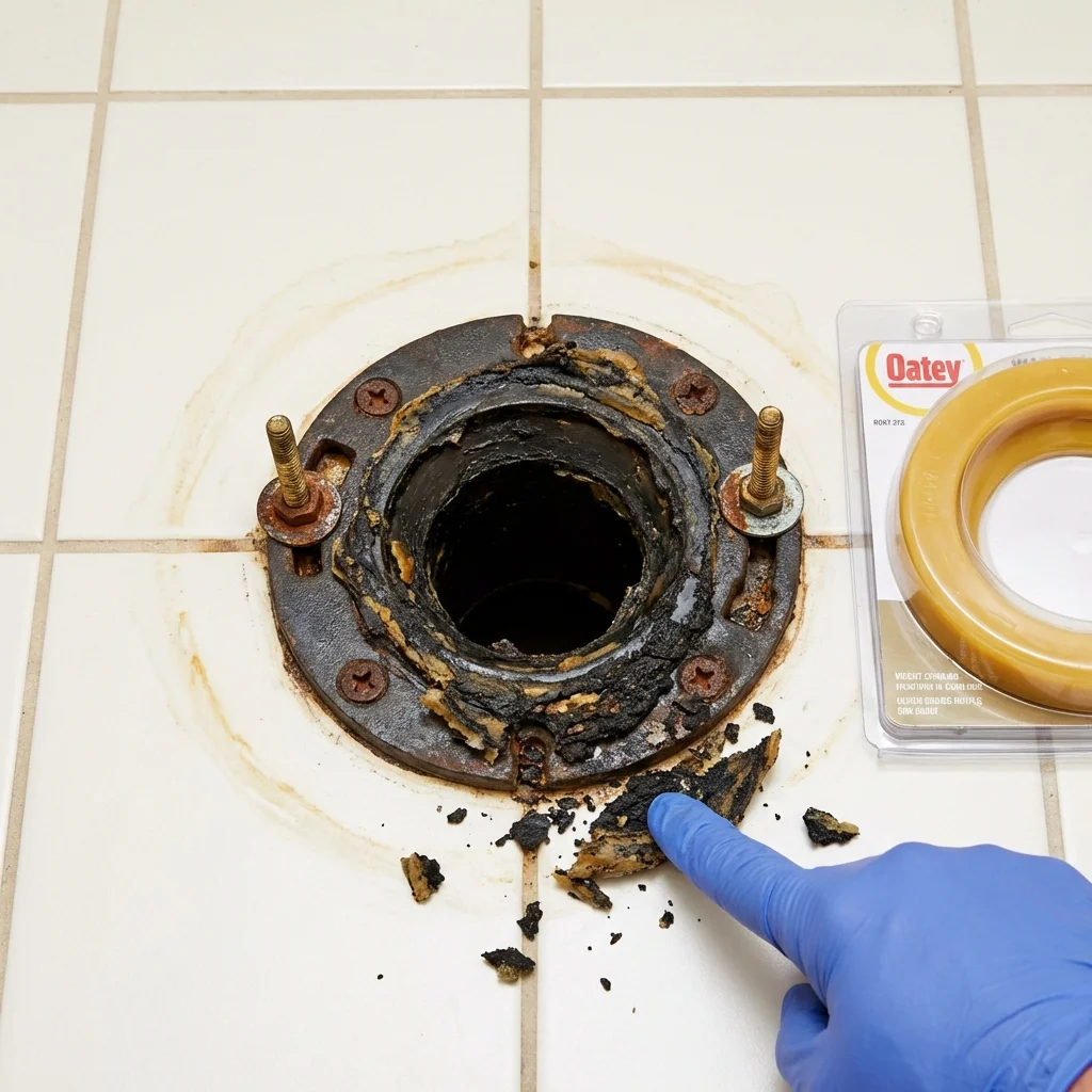 Failed wax ring showing water seepage at the base of a toilet in a Gastonia, NC home