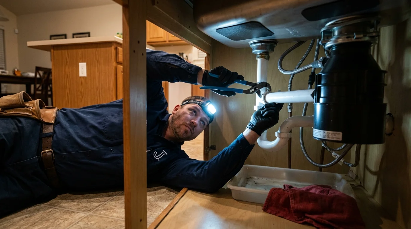 P-trap and supply line connections under a kitchen sink showing a common leak point in Gastonia, NC